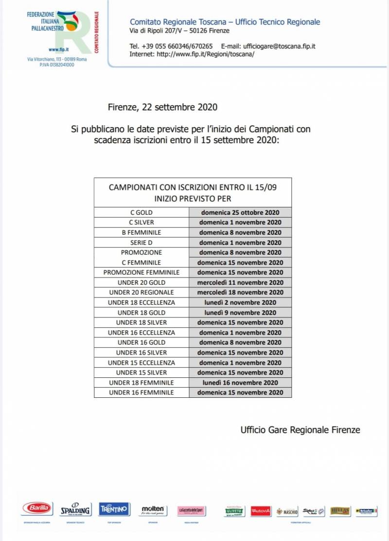 Le date indicative di inizio dei campionati regionali 2019-2020