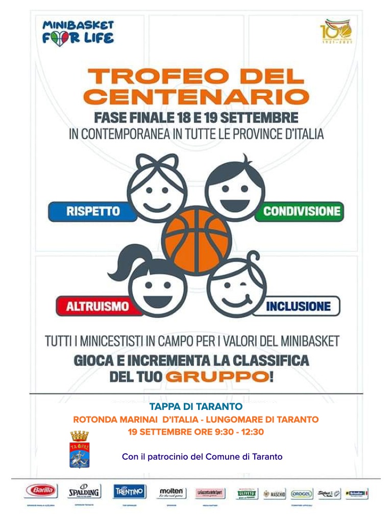 Domenica a Taranto il Trofeo del Centenario Fip con i piccoli del minibasket